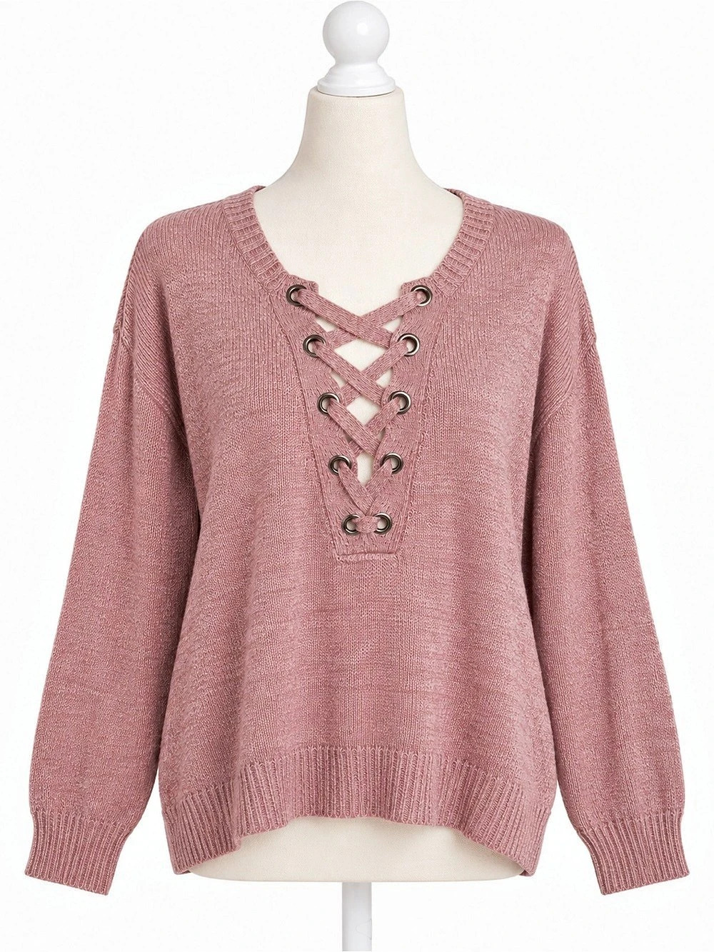 American Eagle Outfitters Sweater Womens S Pink Lace Up V Neck Boho Coastal